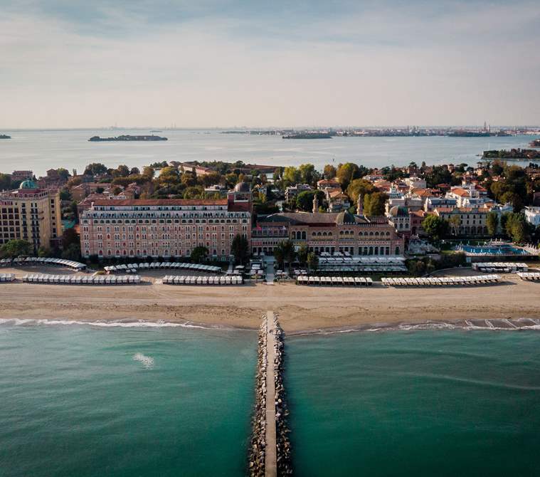 Drone view of Hotel Excelsior Venice Lido Resort, Beach Resort in Venice, Italy
