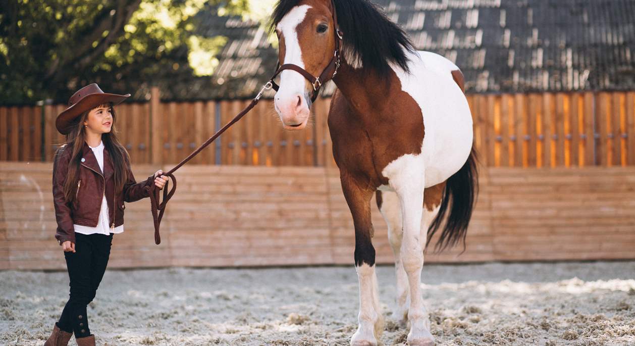Bambina in un maneggio con un cavallo | Hotel Excelsior Venice Lido Resort