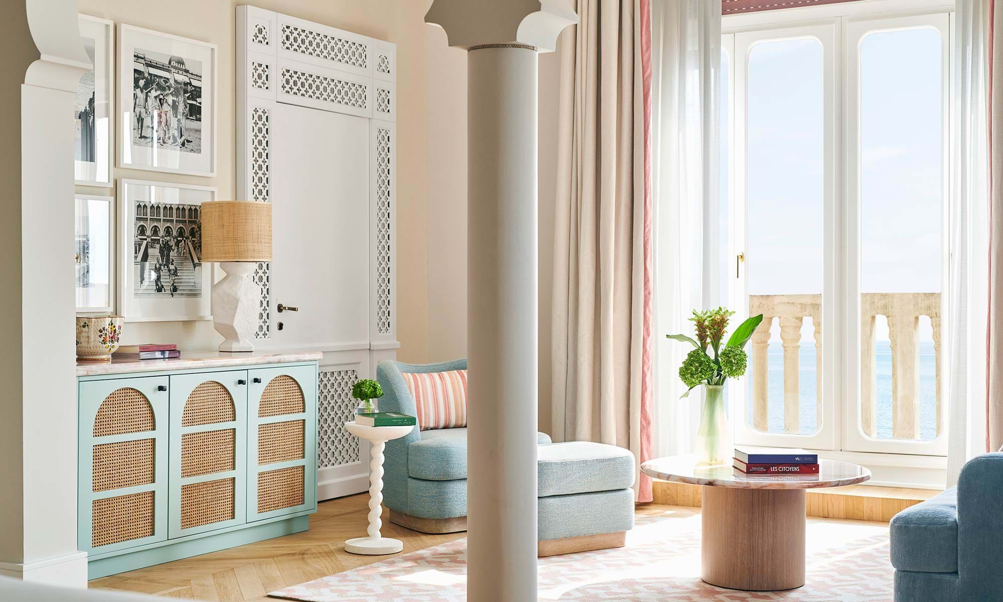 Pastel-toned venetian luxury suite with private balcony and Adriatic views, a serene escape among Venice suites.